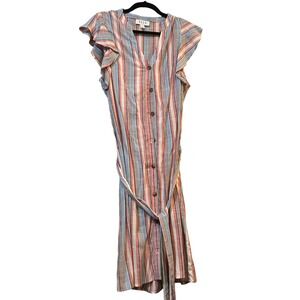 ELLE Striped Midi Dress Ruffle Sleeve‎ Button Front with Belt Size L